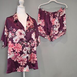 2X Pajama Lounge Shorts Set Lilac & London Purple Floral Casual Satin Lingerie